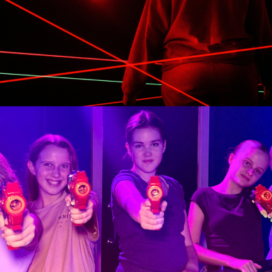A split-image showing a laser tag experience. The top section shows a participant from behind navigating through a dark room crossed by bright red and green laser beams. The bottom section shows five people under purple and blue lighting aiming red laser tag blasters toward the camera inside a laser tag arena.