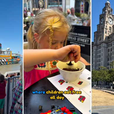 Three photos next to each other, one of two children waving a colourful ferry, another of a child eating ice cream out of a bowl and another of a family walking towards a statue of the beatles.