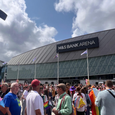 People crowded around the M&S Bank Arena.