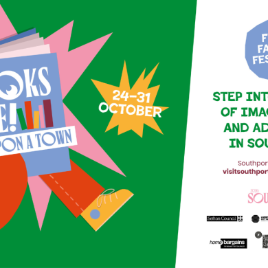 A poster for the Books Alive event in Southport which features an illustration of a book with legs.