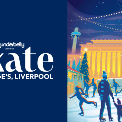 A poster of an illustration of st George's Hall in Liverpool with people ice skating infront of it.