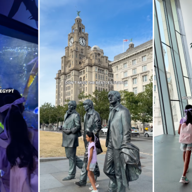 Three photos of children at different attractions in Liverpool including at an aquarium, The Beatles Statue and at the Museum of Liverpool.