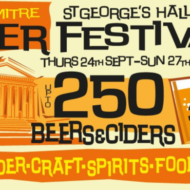 Illustrated orange and yellow poster advertising “Ship & Mitre St George’s Hall Beer Festival,” running Thursday 24th to Sunday 27th September 2026, featuring St George’s Hall, a beer glass graphic, and text reading “Up to 250 beers & ciders” and “Cask, cider, craft, spirits, food, music."