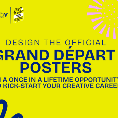 Bright yellow promotional graphic with bold blue text reading, “DESIGN THE OFFICIAL GRAND DÉPART POSTERS.” Smaller blue text underneath reads, “WIN A ONCE IN A LIFETIME OPPORTUNITY AND KICK‑START YOUR CREATIVE CAREER.” At the top left are three logos: two “Tour de France” logos labeled “Grand Départ 2027” and “Femmes avec Zwift Grand Départ 2027,” alongside a “JOY” logo. A pink radial burst graphic appears in the top right corner, with curved blue decorative shapes partially visible at the bottom edge.