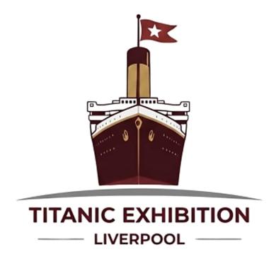 Logo for the Titanic Exhibition Liverpool, featuring a stylised front view of a passenger ship with a red hull, cream-coloured funnel and a red flag displaying a white star. Beneath the ship illustration, the words “Titanic Exhibition Liverpool” appear in bold capital letters on a light grey background.