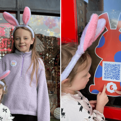 Two images of two children wearing bunny ears on a trail at the Royal Albert Dock.