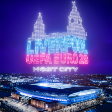 A logo of the Liverpool UEFA Host City logo above a photo of Everton's new stadium.