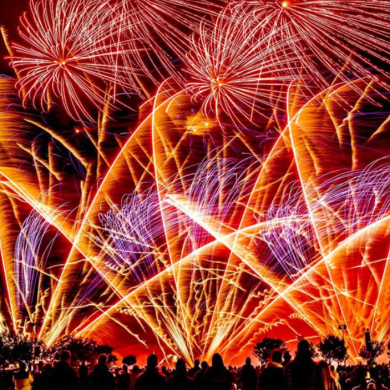 Fireworks exploding in the sky at the British Musical Fireworks Championships.