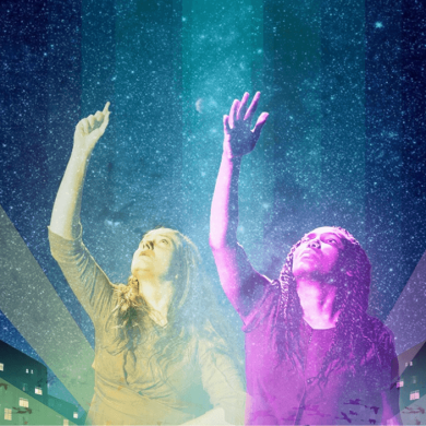 A promo image for a show at Dada Fest, it is two people pointing to the sky, one has a green overlay and another has a purple one.
