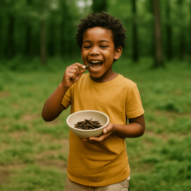 A boy attempting to eat a bug, with a yellow t-shirt on and a big bright smile.