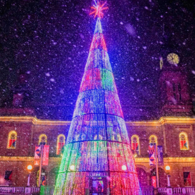 A large Christmas tree lit up with lights that are blue, green, and pink outside an art gallery in Southport.