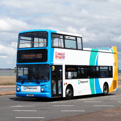 An image of Stagecoach bus sitting on the promenade at New Brighton.