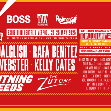A poster for the Red Weekender in Liverpool which has a line up of music acts and football legends.