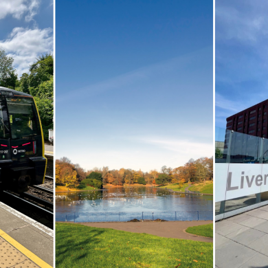 Three photos in a grid which includes a Merseyrail train, a photo of Sefton Park and a bus stop at Liverpool ONE.