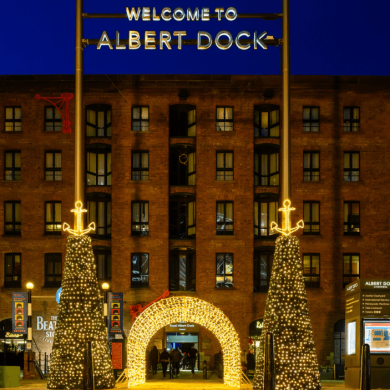 The Royal albert Dock with large brick buildings in the background. There are two Christmas trees either side of an archway of lights.