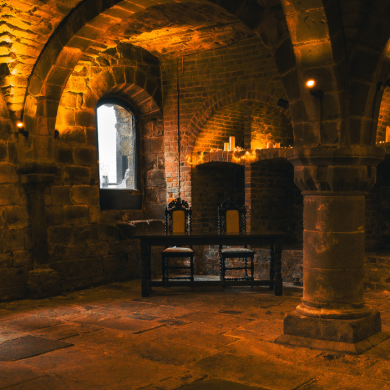 Norton Priory interior with candles lit giving the room an orange glow.