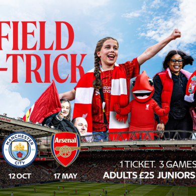 A poster saying 'Anfield Hat-Trick' with a picture of people wearing LFC shirts and scarfs.