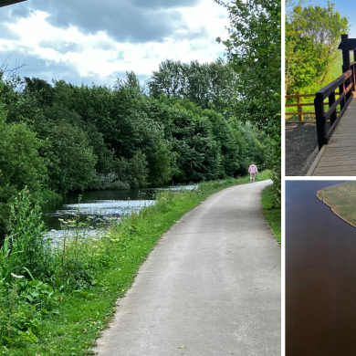A collage of three outdoor scenes. The largest image shows a paved footpath running alongside a calm canal, bordered by dense green trees and plants, with one distant person walking along the path under a cloudy sky. In the top-right image, a wooden viewing platform with benches overlooks greenery and open land beyond. In the bottom-right image, an aerial view shows a long stretch of coastline with a narrow strip of land, winding water channels, and industrial buildings along one edge.