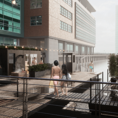 A CGI image that shows the expansion plans for Wyld, the floating sauna on Liverpool Waters