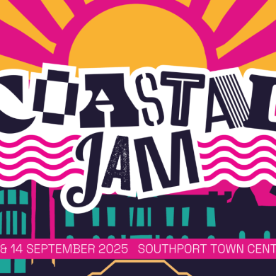 A poster for Coastal Jam which is a pink background with Coastal Jam written in an illustrated font.