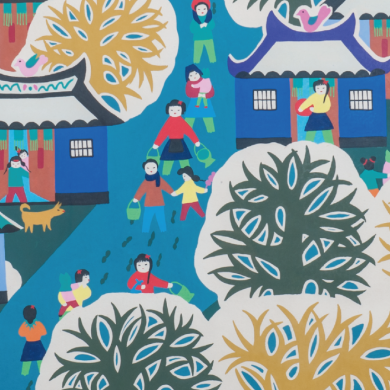 An illustration of trees and houses with people walking down a path between them.