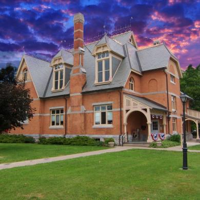 Picture of Waterloo Library with a crisp purple sky backdrop