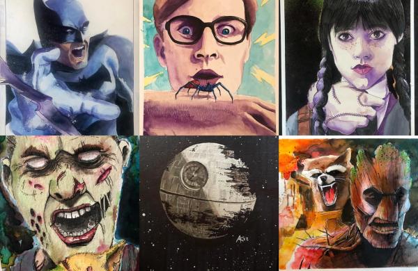 Collage of colorful artwork by Southern Indiana artist Adam Kleinert featuring hand-painted illustrations of popular pop culture characters, including Batman, Wednesday Addams, Groot and Rocket, the Death Star, a zombie, and other comic book and movie-inspired subjects.