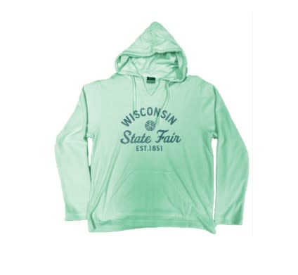 Mint green hooded sweatshirt with a front pocket and a blue Wisconsin State Fair logo reading “Est. 1851.”