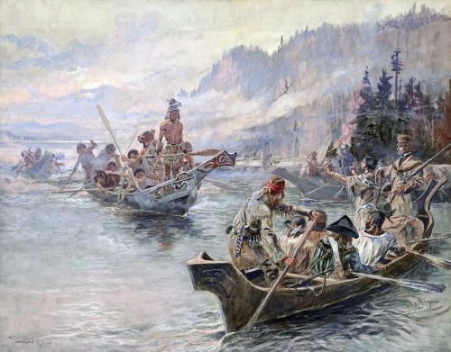 Painting of the Lewis and Clark Expedition traveling by canoe on a river while interacting with Indigenous people in larger decorated canoes, surrounded by mountains and misty skies.