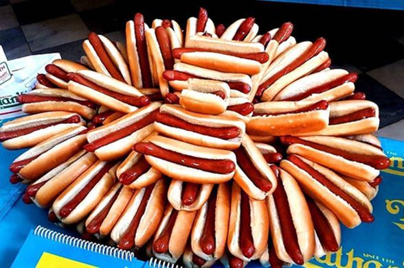Nathan's Famous Hot Dog Eating Contest Dozens of Nathan's Famous hot dogs arranged on a platter ahead of the famed eating contest in Coney Island