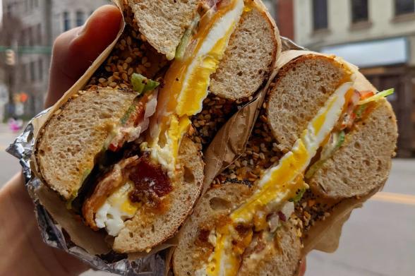 Water Street Bagel Co Bacon and egg wood-fired bagel from Water Street Bagel Co