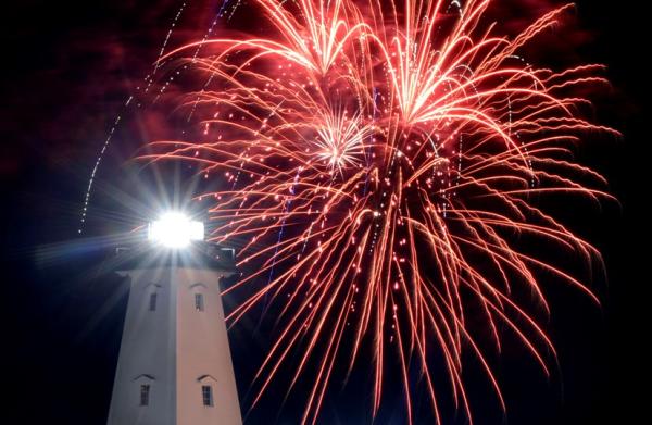 Fireworks over Gulfport lighthouse