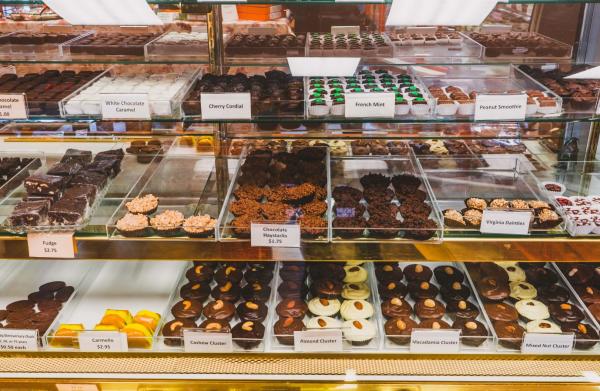 A display case filled with assorted chocolates at Painted Turtle Chocolatier