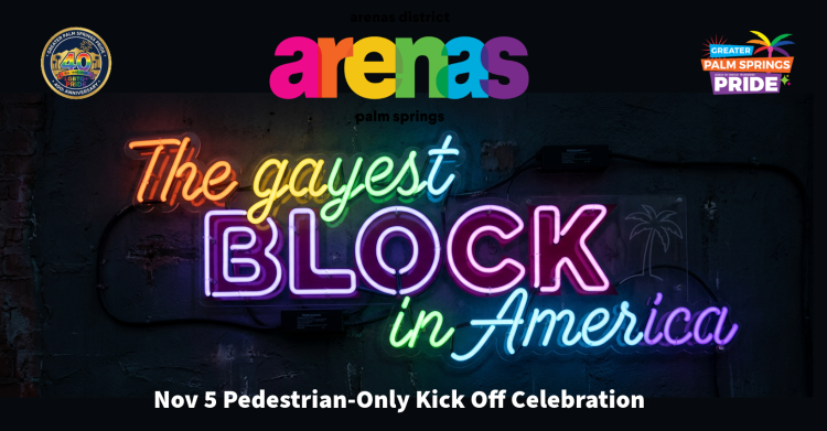 Neon sign that says "Arenas, The gayest BLOCK in America"