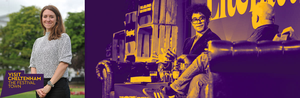 Hannah Ward alongside an image of speakers at the Cheltenham Literature Festival.