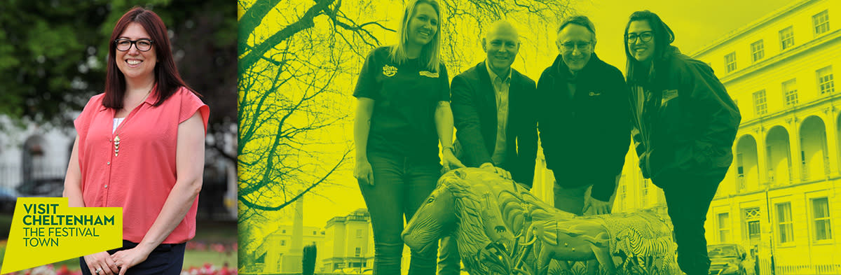 Helen Mole alongside an image of Lions at Large and Cheltenham Borough Council team.