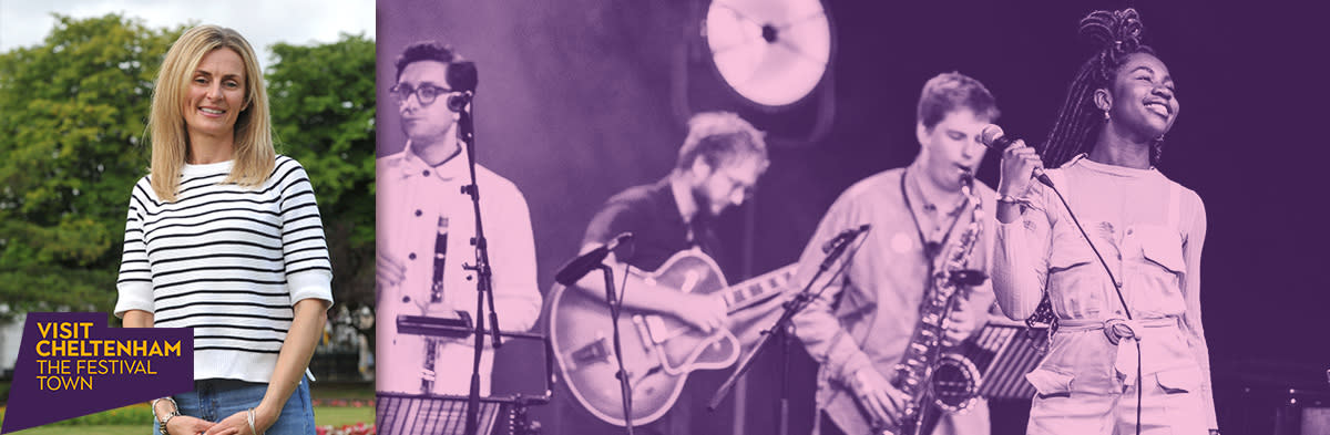 Lisa Kowalkowski alongside an image of performers at the Cheltenham Jazz Festival.