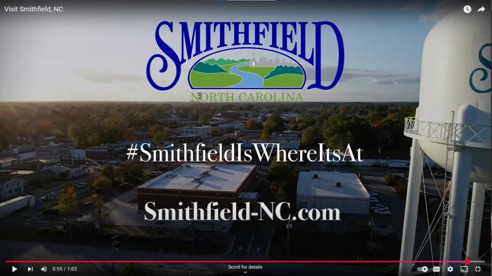 A screenshot of a video clip features the water tower located in Smithfield, NC.