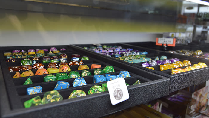 DnD Dice display at Hidden Temple Toys store in Downtown Selma, NC.
