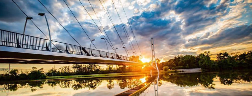Sunset over Saint Joseph River and Venderly Bridge at Purdue Fort Wayne