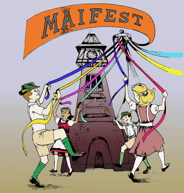drawing of children around a maypole with colored ribbon