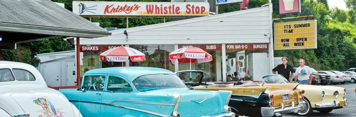 Exterior view Krysty’s Whistle Stop diner in Enola, PA