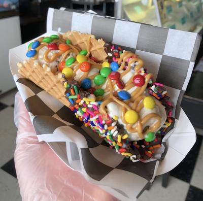 Ice cream taco with m&ms and sprinkles