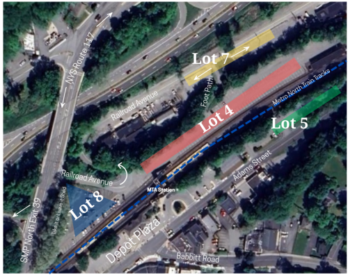 An aerial view outlining where the parking lots are at the Bedford Hills Train Station.