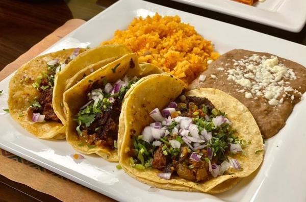 Tacos, Spanish rice, and refried beans from The 3 Amigos