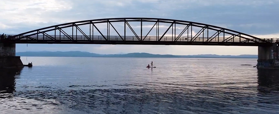 Bridge on the Burlington Bike Path over the Winooski River looking out on Lake Champlain
