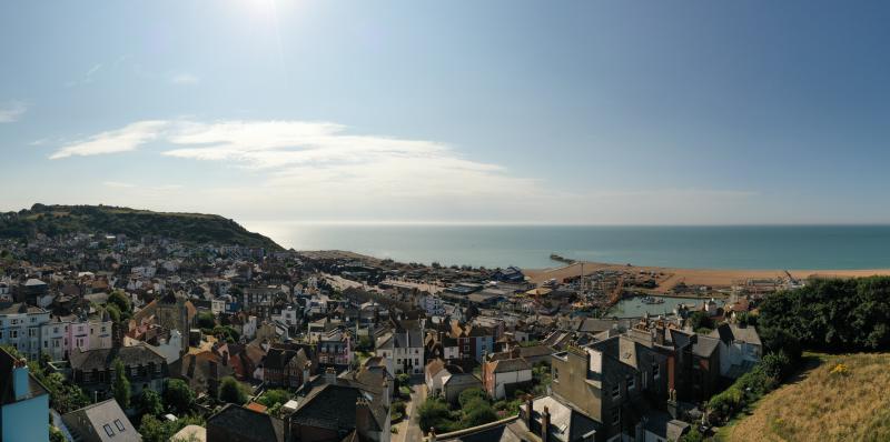 Panoramic views of Hastings Old town towards the sea from the top of the hills