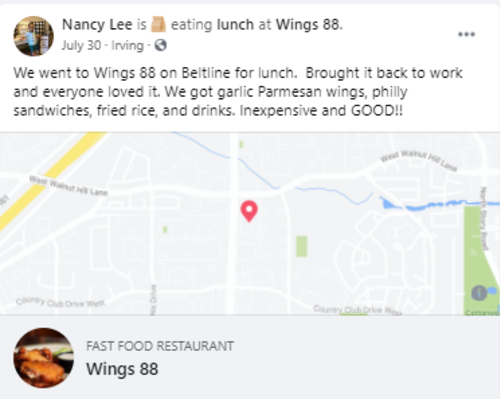Facebook post about Wings 88 in Irving, TX