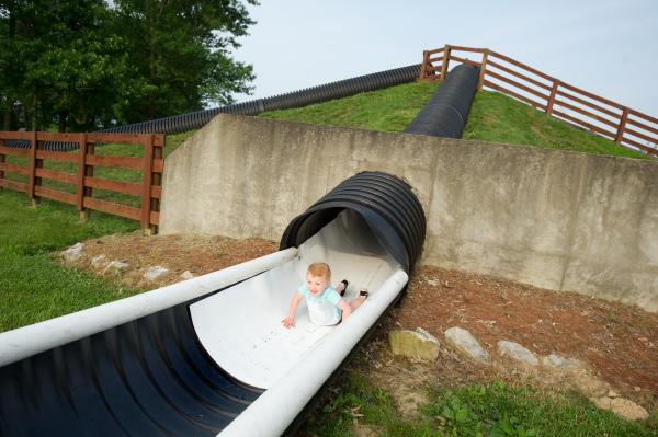Young boy sliding down head first on a hill slide at Huber's Orchard, Winery & Vineyards
