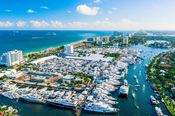 Aerial shot of super yachts at the Fort Lauderdale International Boat Show